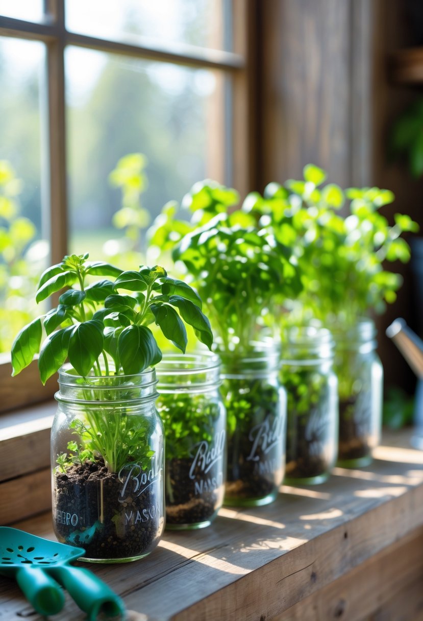 Several mason jars with drainage holes growing green herbs on a wooden windowsill with gardening tools nearby.