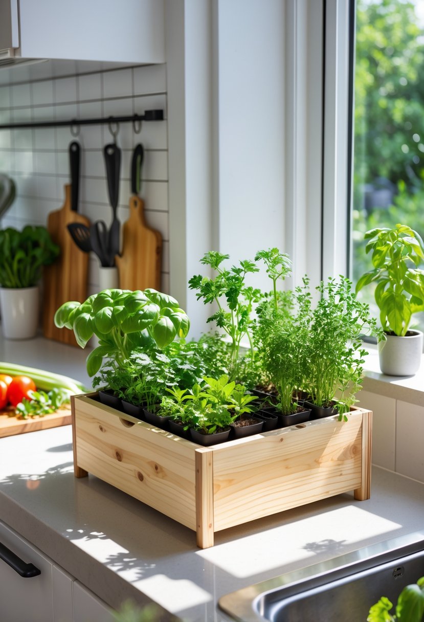 A kitchen counter with a wooden herb box filled with fresh green herbs in a bright kitchen.