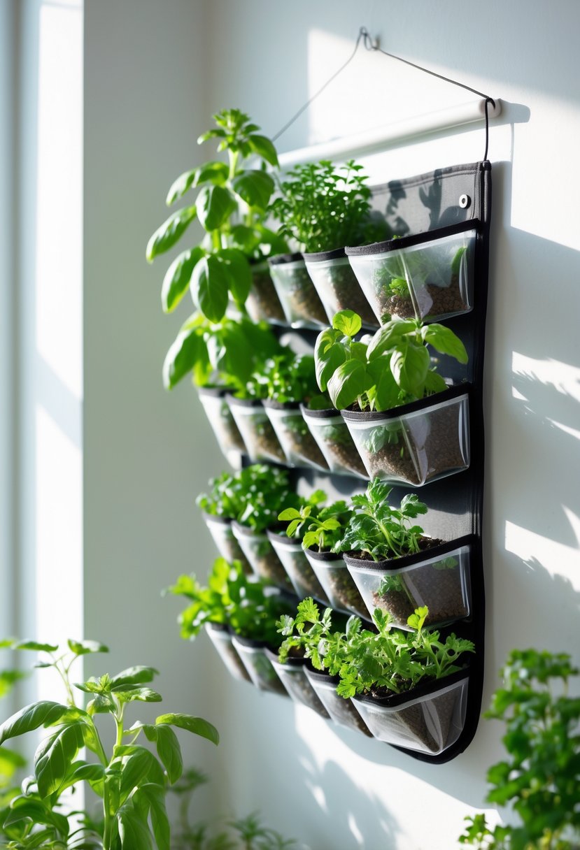 A shoe organizer hanging on a wall with multiple pockets holding small pots of fresh green herbs growing inside.