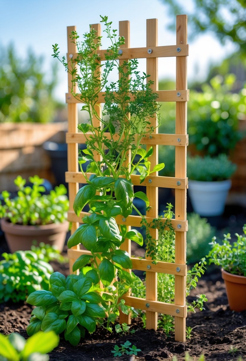 A small outdoor herb garden with wooden lattice panels supporting climbing herb plants in bright natural light.
