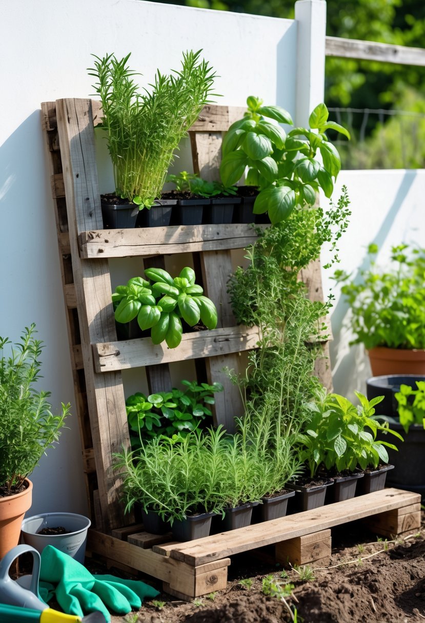 A wooden pallet used as a vertical planter filled with various fresh green herbs outdoors, surrounded by gardening tools and pots.