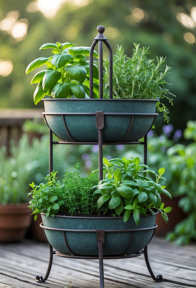 A tiered metal planter stand holding various green herb plants outdoors on a wooden deck.
