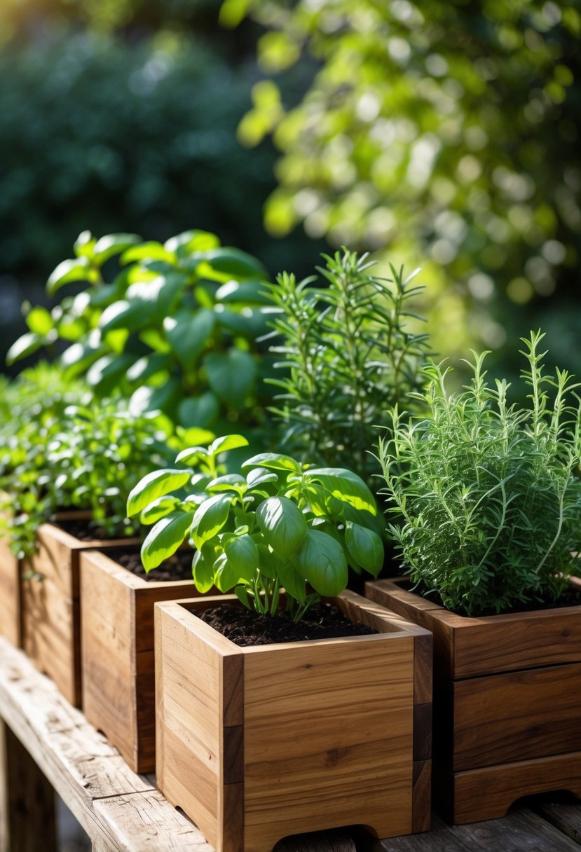 Teak wood boxes filled with various fresh herb plants arranged outdoors on a wooden surface.