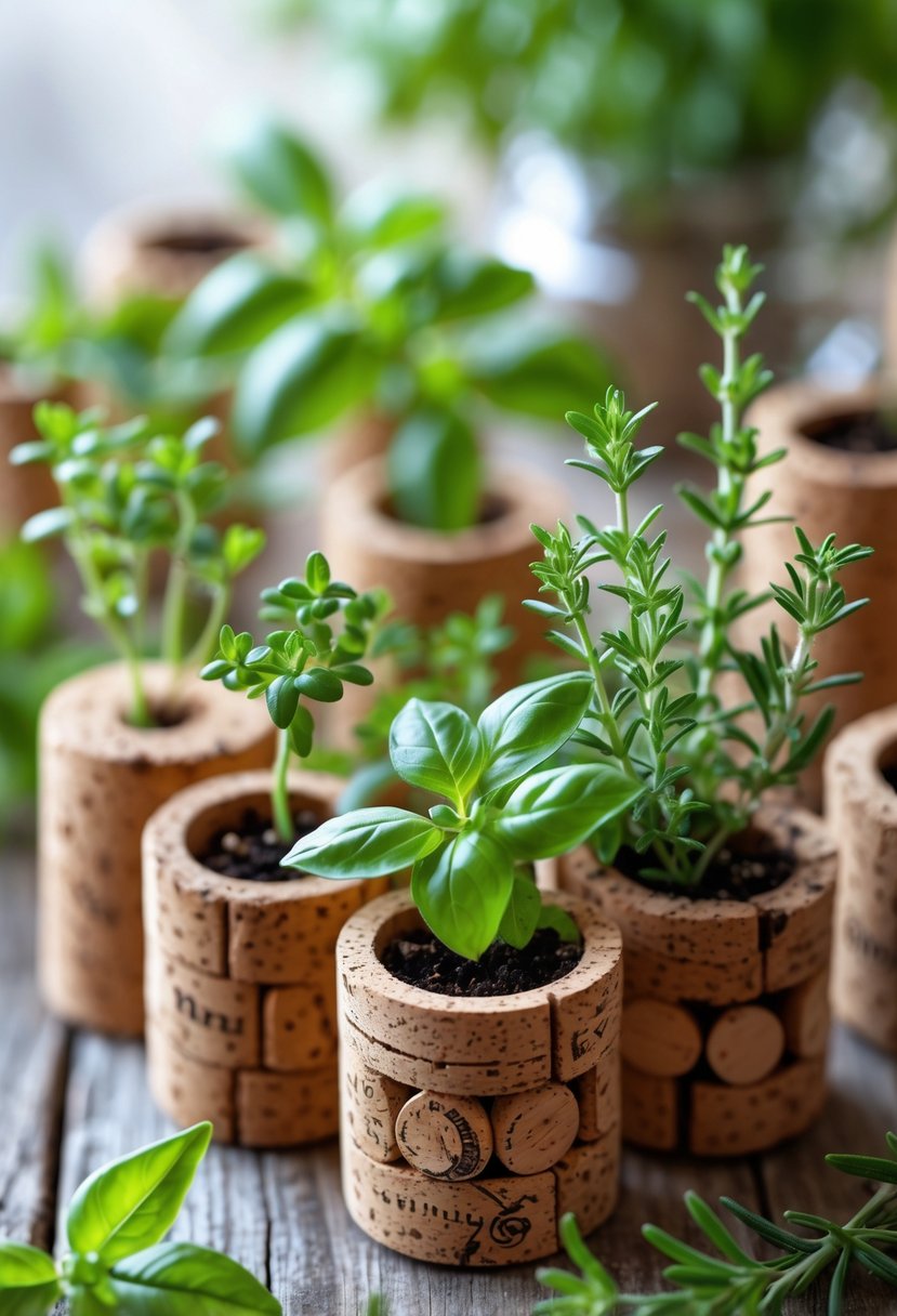 Small herb plants growing in recycled wine cork planters arranged on a wooden surface.