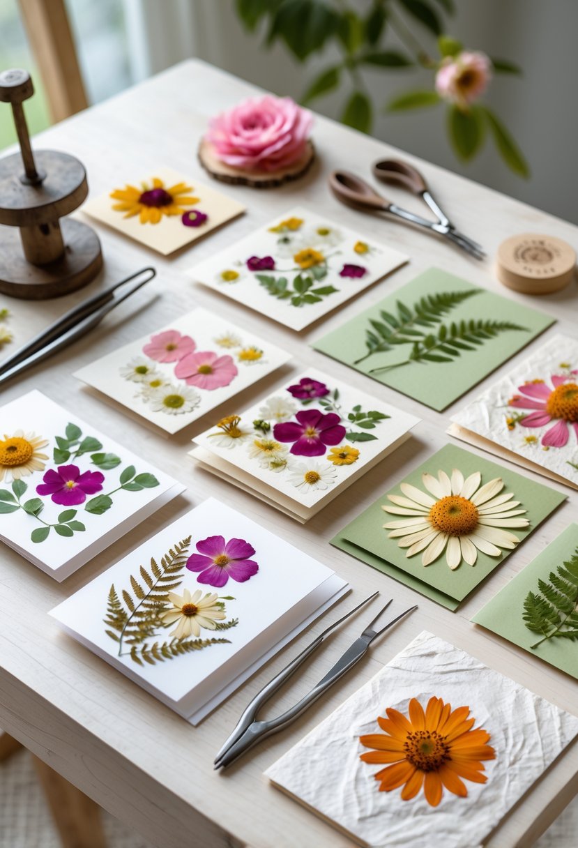 A collection of pressed flower greeting cards arranged on a wooden table with flower pressing tools nearby.