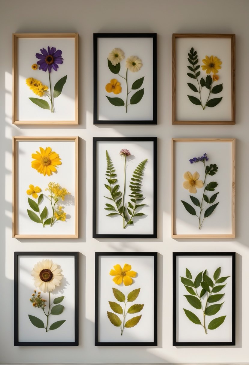 A wall displaying multiple framed pressed flowers arranged artistically in various sizes and styles.