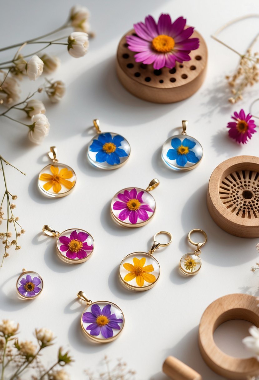 A collection of pressed flower resin jewelry including pendants, earrings, and rings displayed with dried flowers and crafting tools on a neutral background.