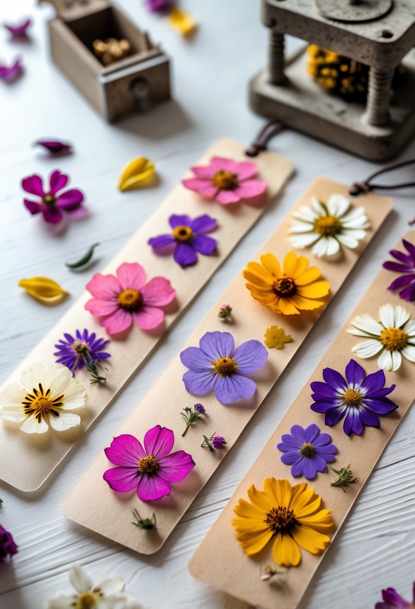 A collection of decorative bookmarks with colorful pressed flowers arranged on a wooden surface, accompanied by dried petals and a flower press.