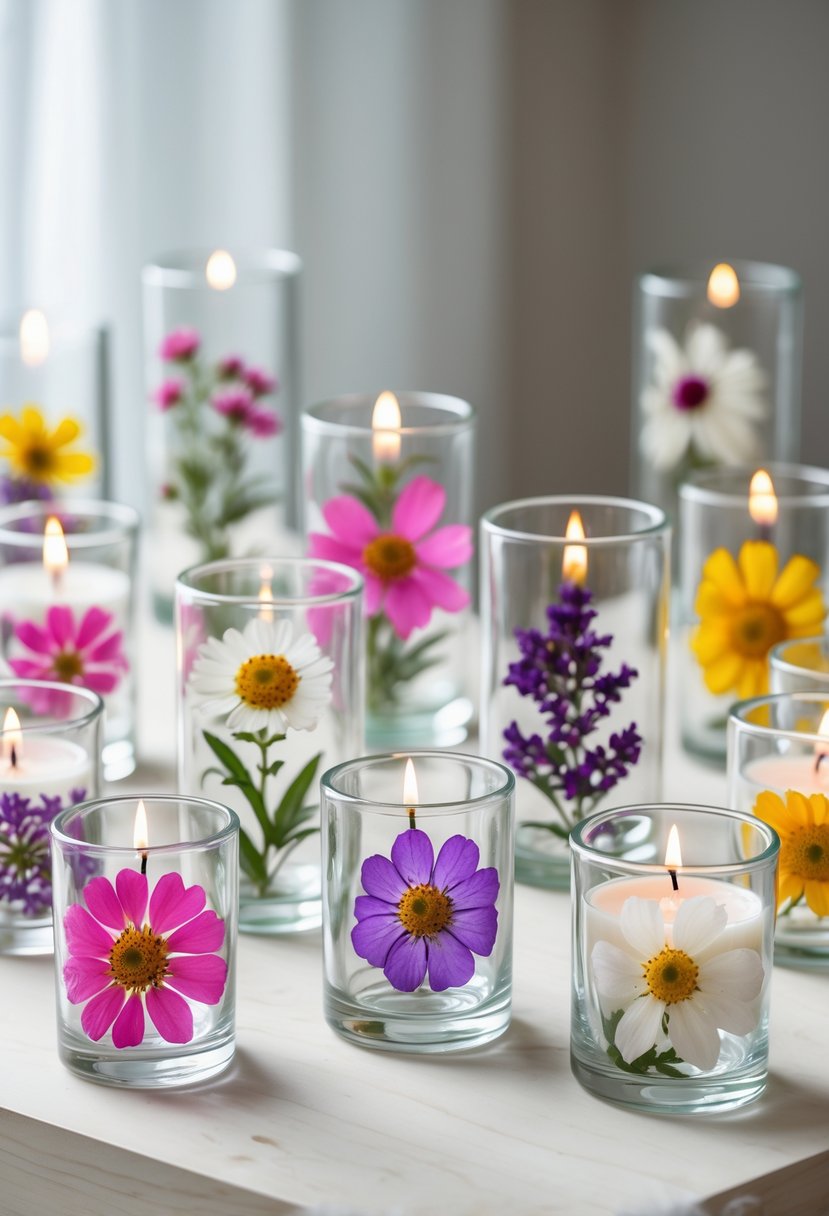 Fifteen glass candle holders with colorful pressed flowers inside, some with lit white candles, arranged on a wooden surface with soft natural light.