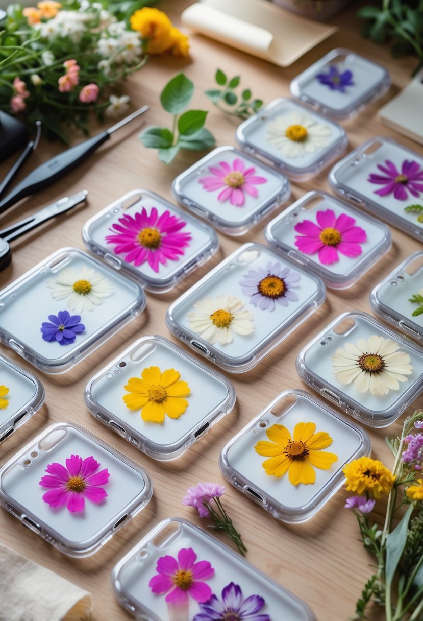 A wooden table with clear phone cases containing colorful pressed flowers, surrounded by flower pressing tools and fresh flowers.