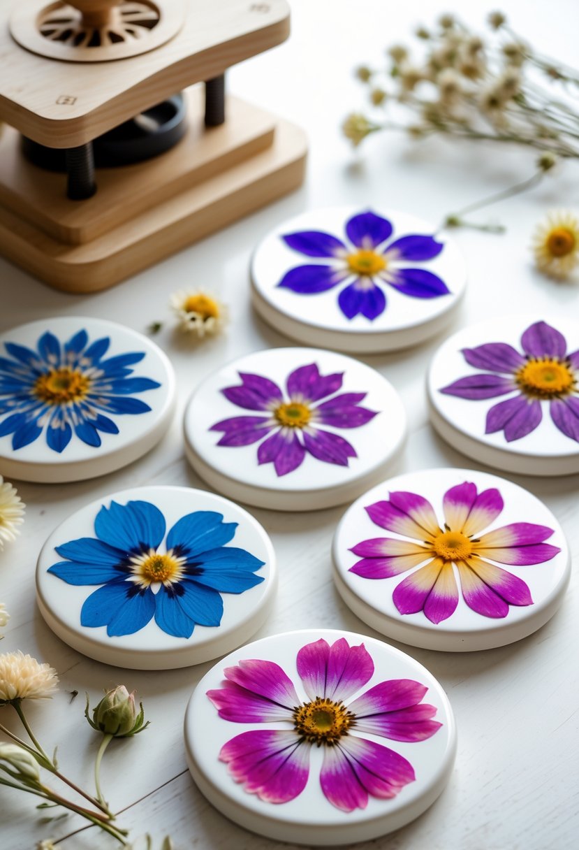 A set of pressed flower coasters with colorful floral designs arranged on a wooden surface with a flower press and dried flowers nearby.