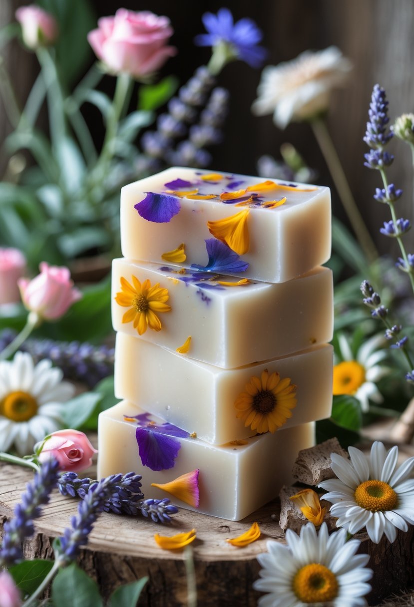 A close-up of handmade soap bars with colorful flower petals embedded inside, arranged on a wooden surface with fresh and dried flowers around them.