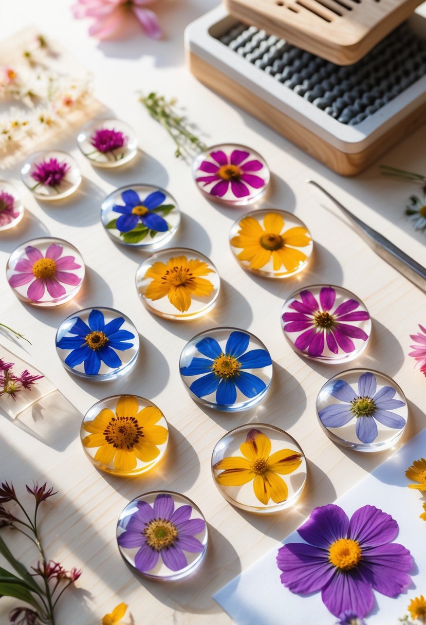 A collection of colorful pressed flower magnets arranged on a wooden surface with crafting tools nearby.
