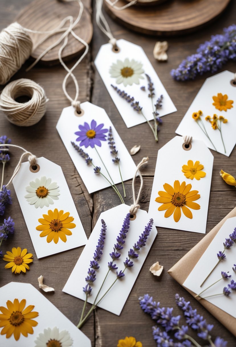 A collection of gift tags decorated with pressed flowers arranged on a wooden surface with crafting materials nearby.