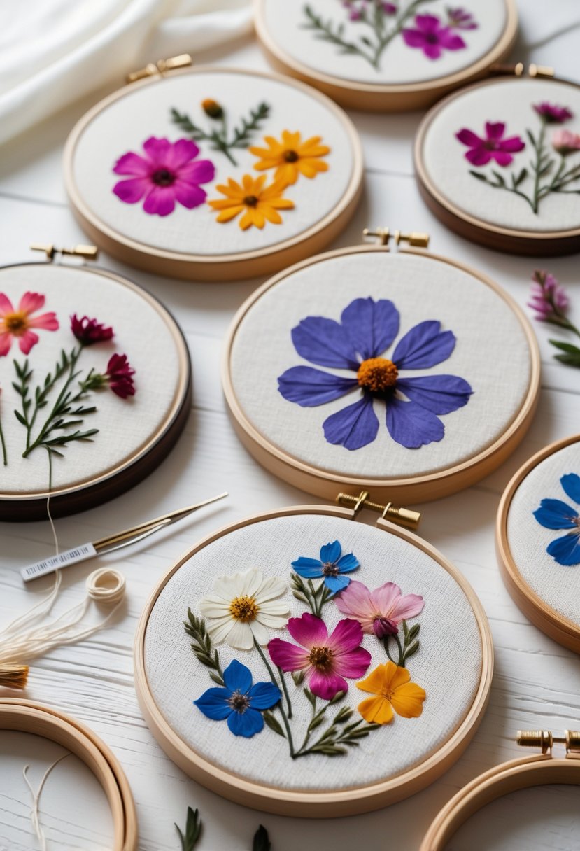 Several embroidered hoops with pressed flowers arranged on a wooden surface alongside embroidery tools.
