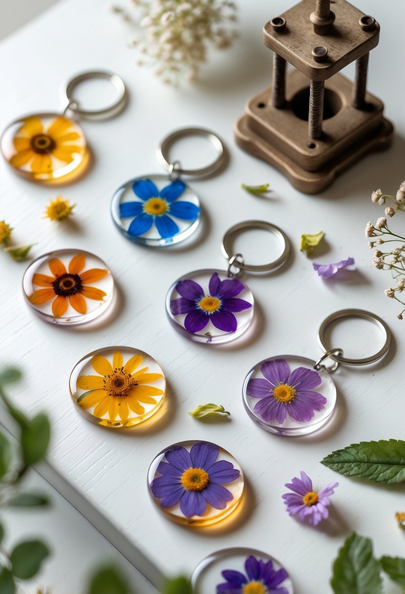 A collection of pressed flower resin keychains displayed on a wooden surface with dried petals and leaves around them.