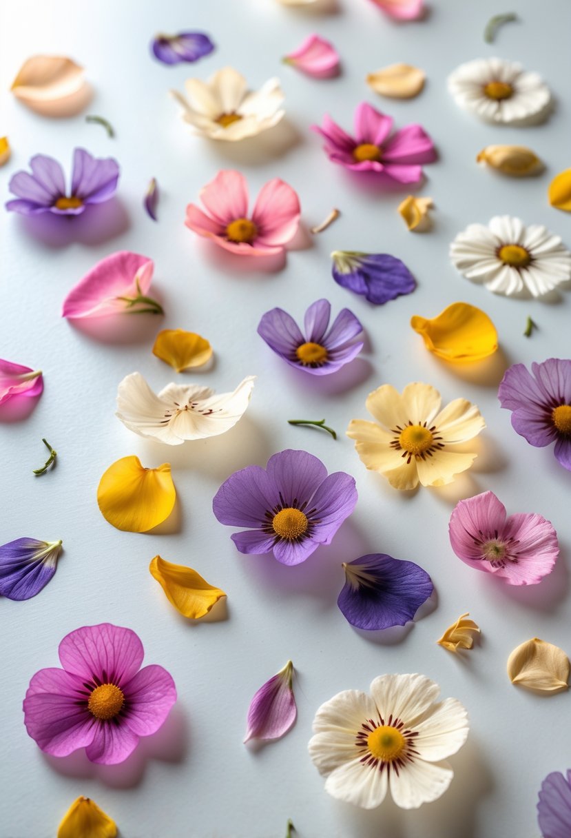 Close-up of colorful pressed flower petals scattered on a light surface.