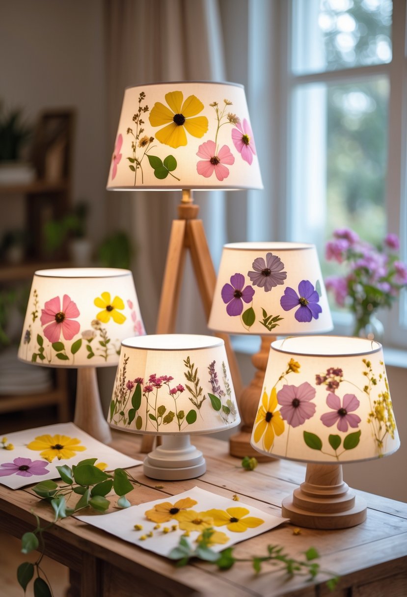 A collection of lampshades decorated with colorful pressed flowers displayed on a wooden table in a softly lit room.