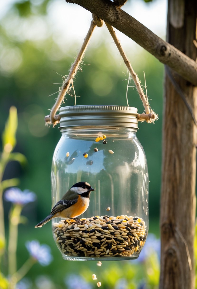 A small bird perched on a mason jar lid bird feeder hanging outdoors with green foliage in the background.