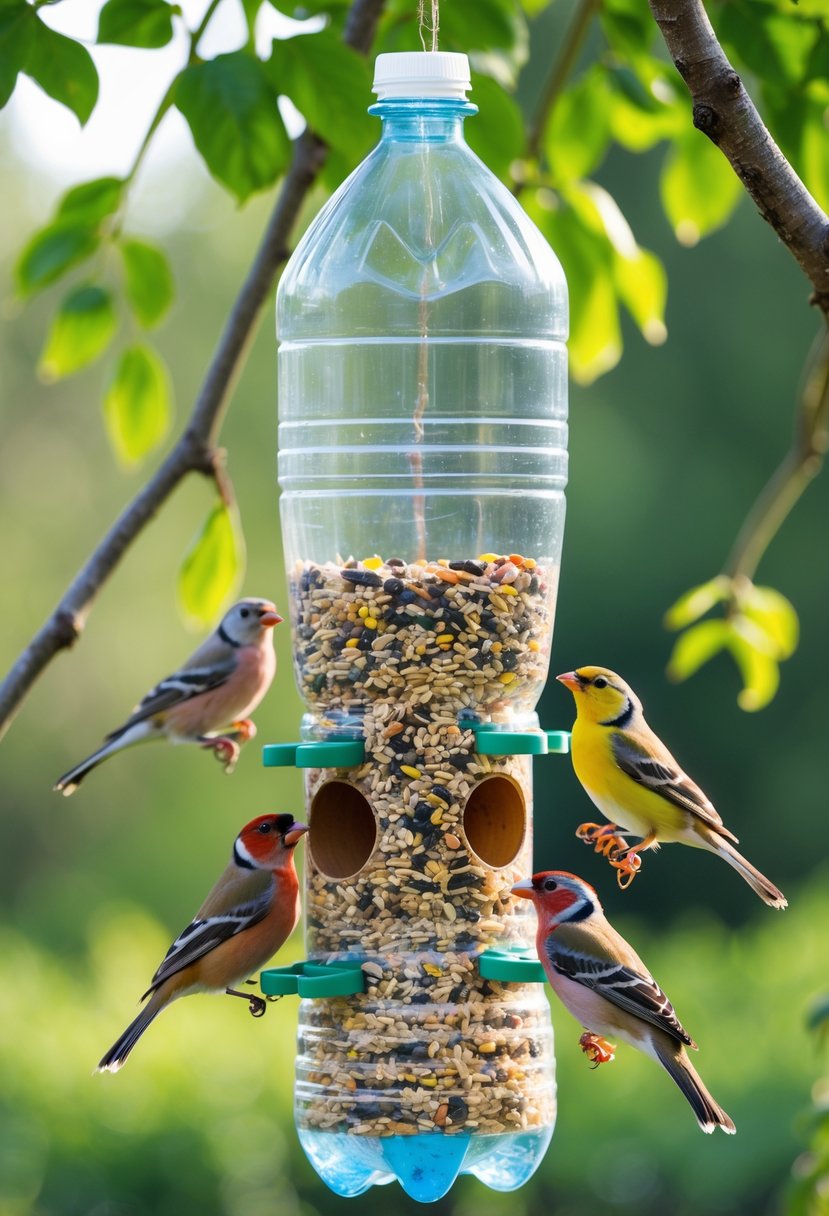 A plastic bottle bird feeder hanging from a tree branch with small birds feeding on seeds.