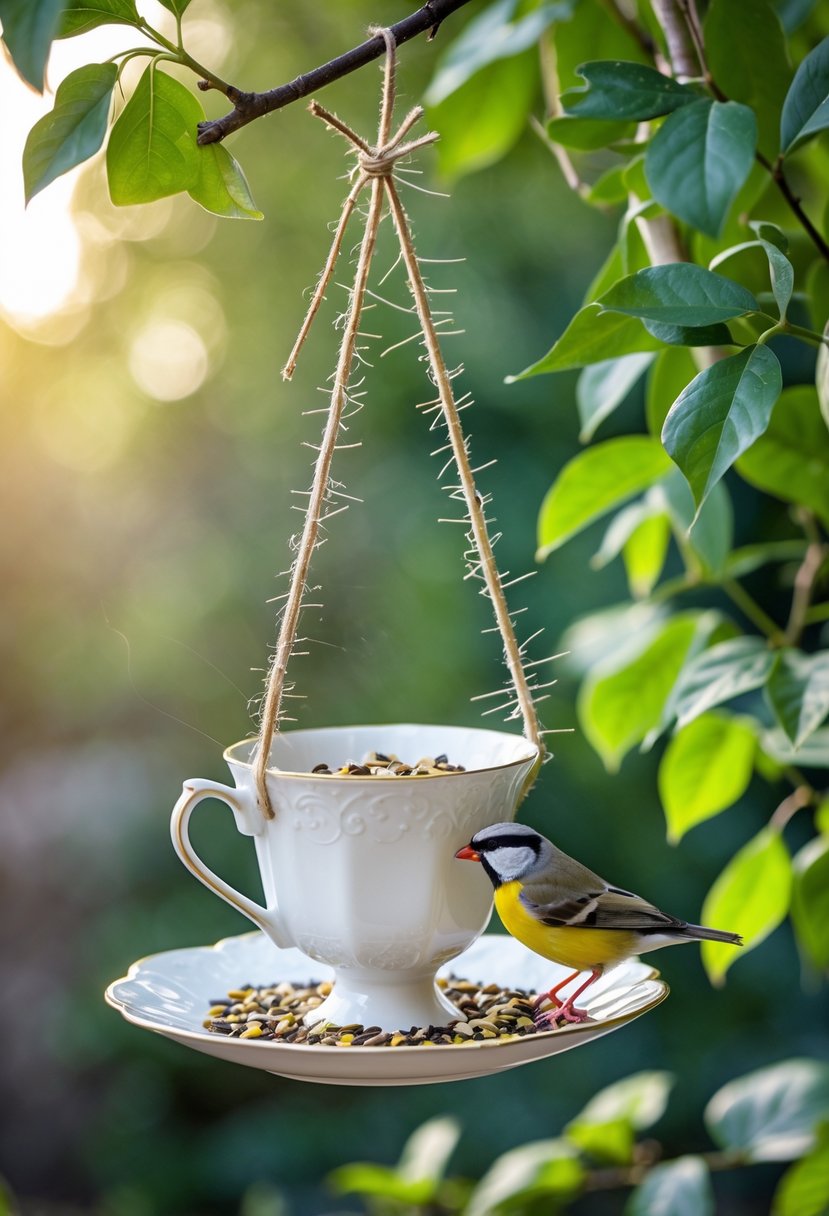 A white tea cup and saucer bird feeder hanging from a tree branch with a small bird eating seeds on the saucer.