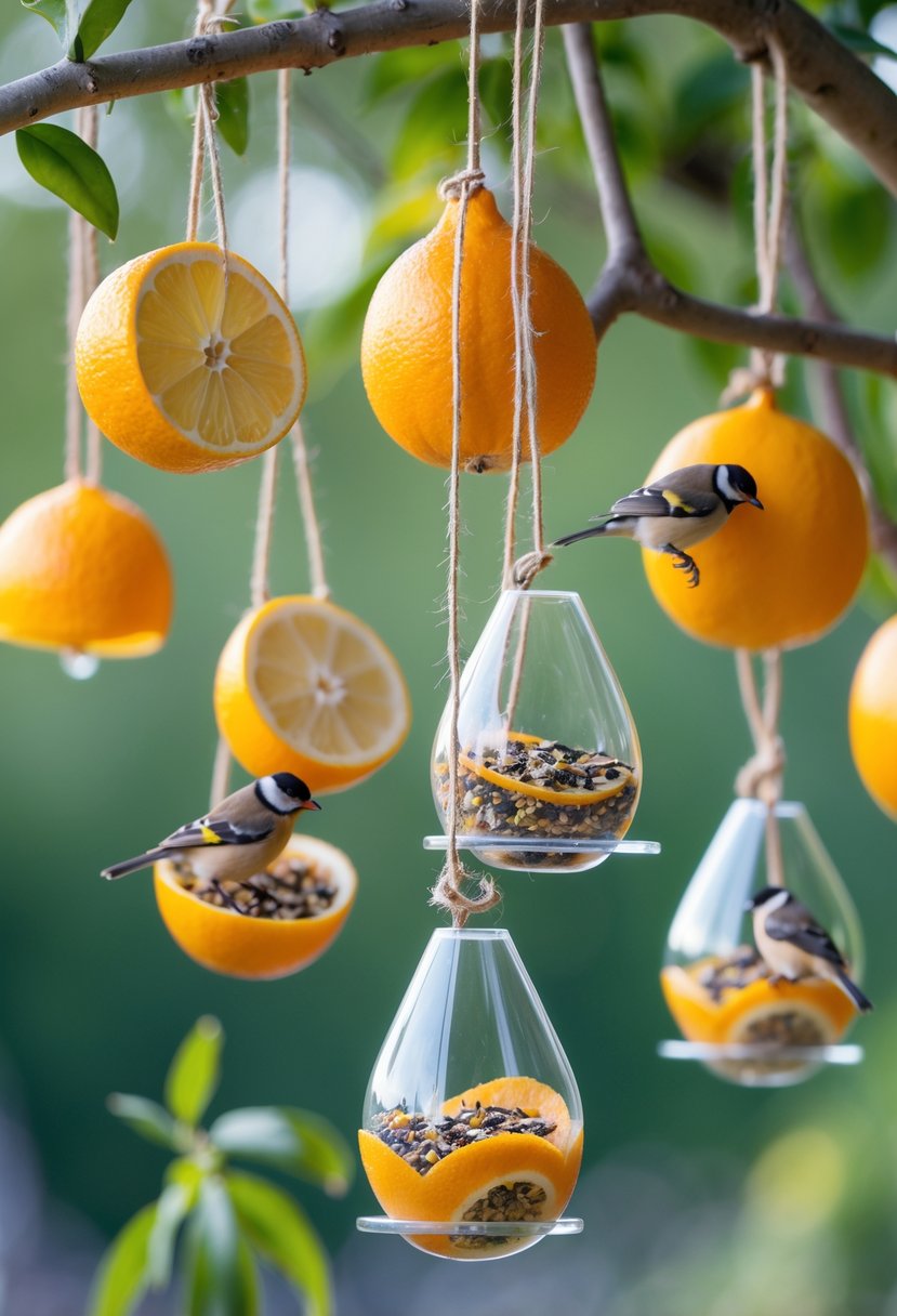 Several citrus fruit shell bird feeders hanging from tree branches with small birds feeding on seeds outdoors.