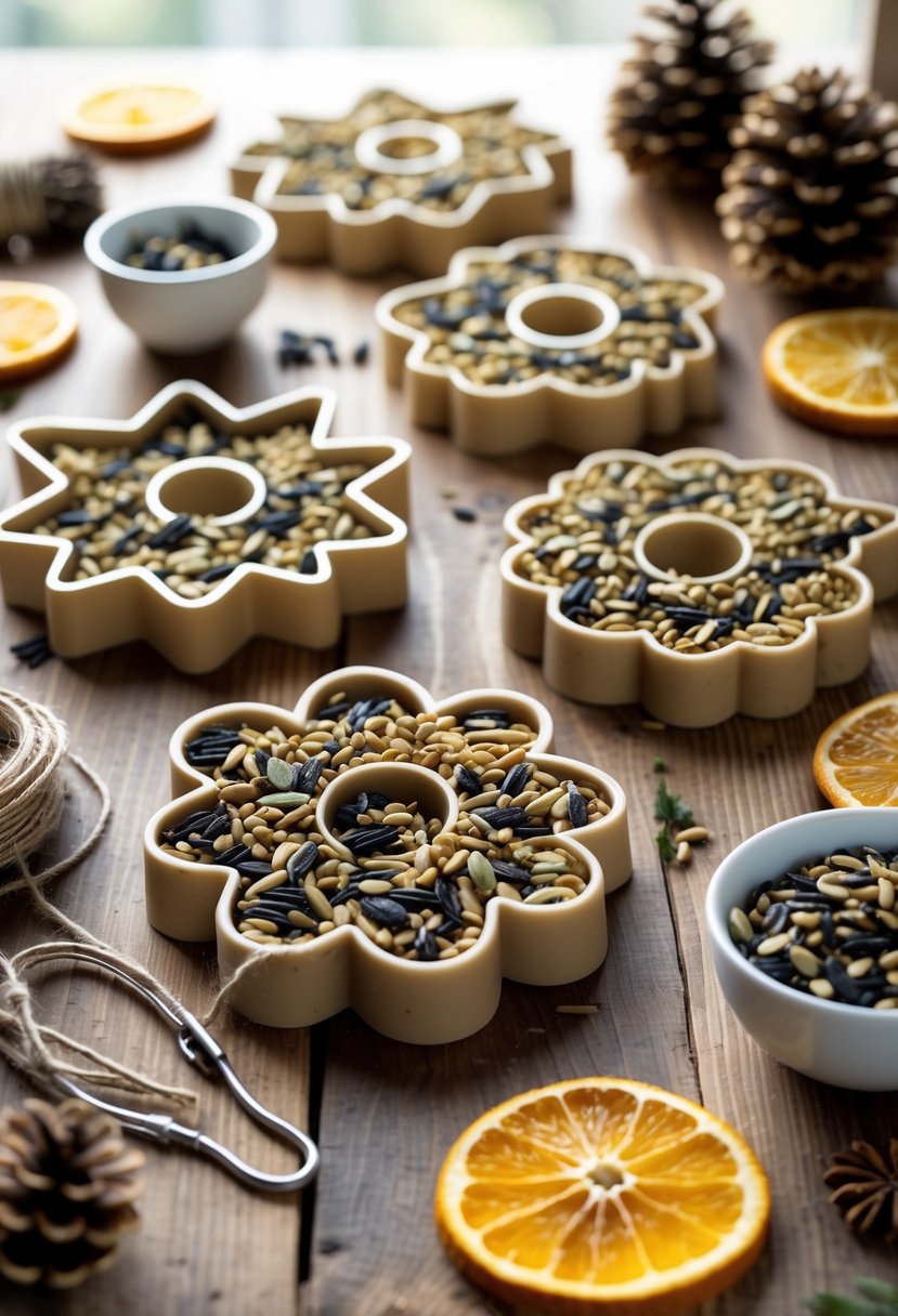 Cookie cutter-shaped bird seed ornaments arranged on a wooden table with crafting supplies around them.