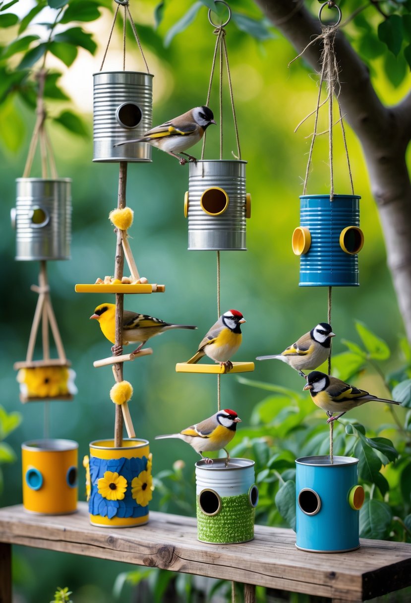 Various colorful DIY bird feeders made from tin cans and household items hanging outdoors with small birds perched on them.