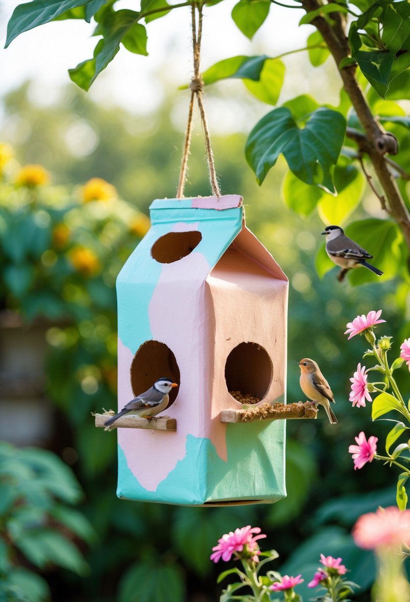 A milk carton bird feeder hanging outdoors with small birds perched on it and green plants around.