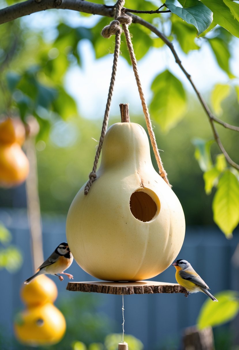 A gourd bird feeder hanging from a tree branch with small birds perched on it in a garden setting.