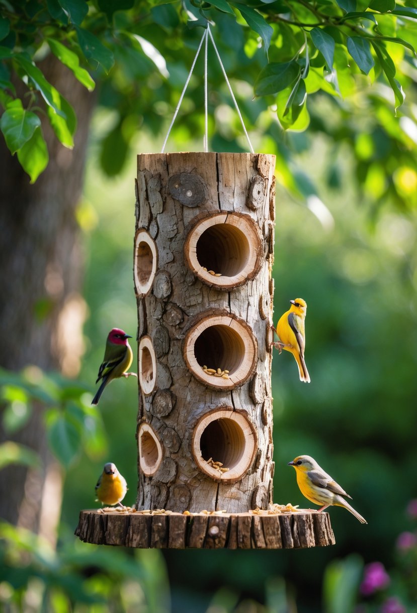 A wooden log bird feeder with small holes hanging outdoors surrounded by green leaves, with colorful birds eating from it.