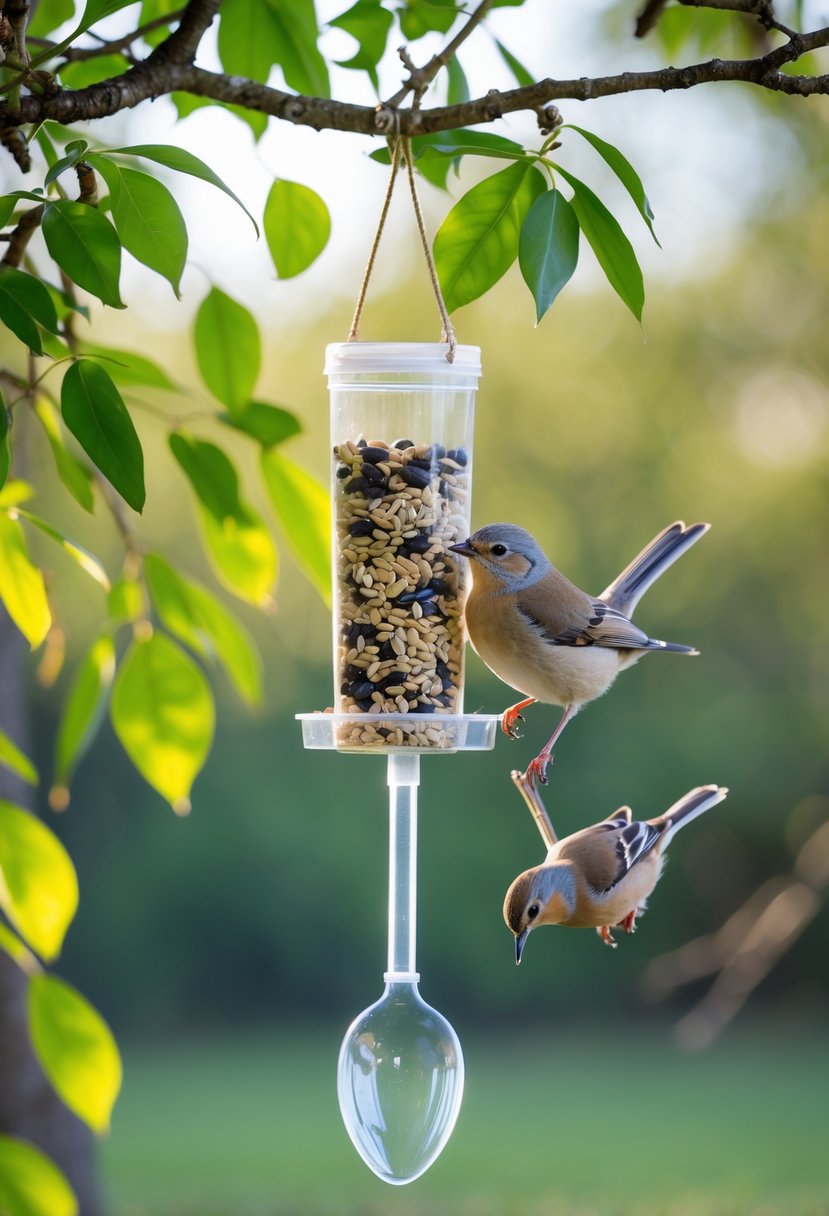 A plastic spoon seed dispenser bird feeder hanging on a tree branch with a small bird eating seeds from it.