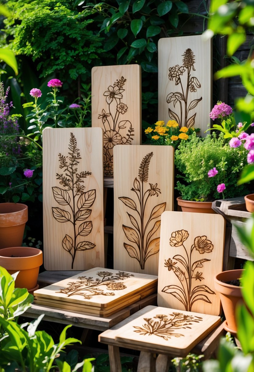 Wooden botanical plant signs with engraved designs displayed among flowers and garden plants on a wooden table outdoors.