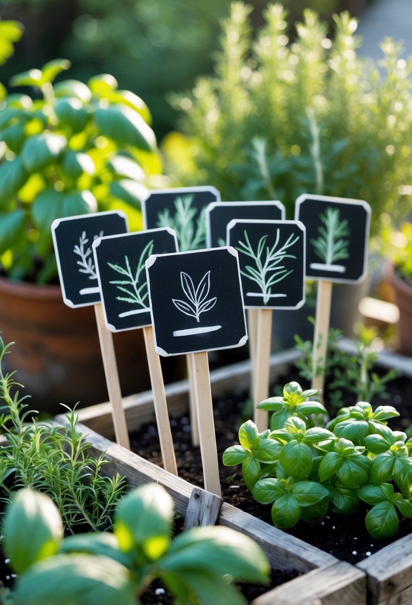 A collection of small chalkboard herb markers on wooden stakes placed among green herb plants in a garden setting.