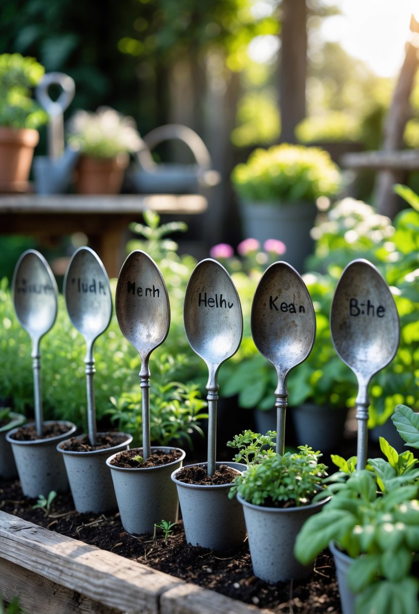 A collection of vintage spoon-shaped plant labels placed in pots with green plants in a garden setting.