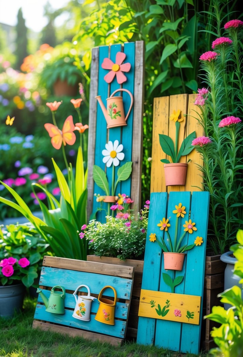 A garden with upcycled wooden signs surrounded by green plants and colorful flowers in a sunny outdoor setting.