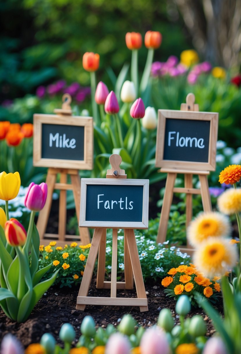 Miniature easel signs placed among colorful blooming flowers in a garden bed outdoors.