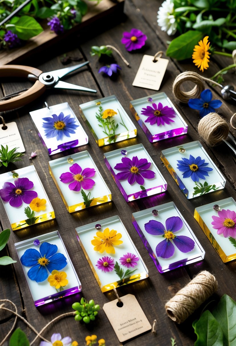 Pressed flower resin name tags displayed on a wooden table surrounded by gardening tools and fresh flowers.