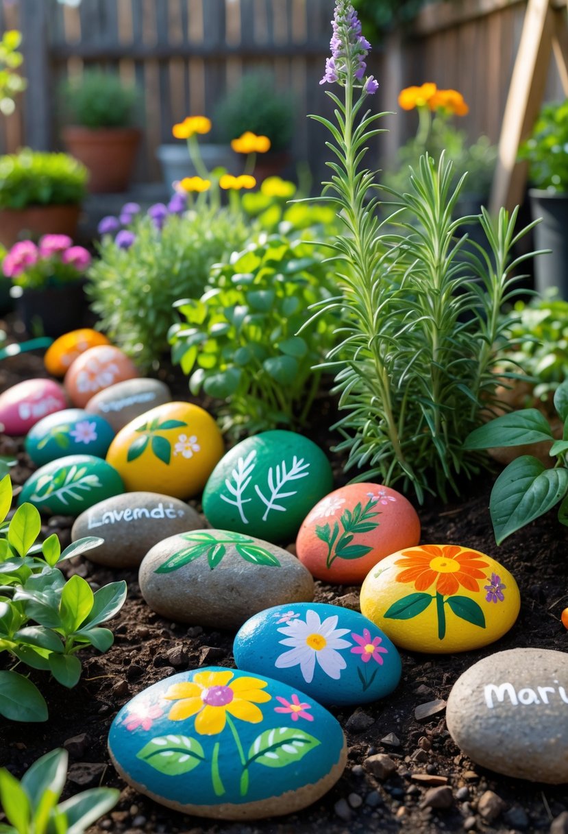 Painted rocks used as plant markers placed among green plants and flowers in a garden.