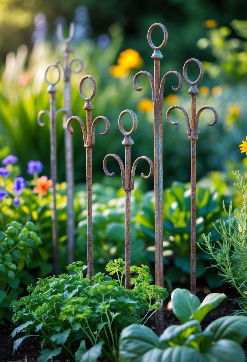 A group of rustic metal garden stakes placed among green plants and colorful flowers in a garden.