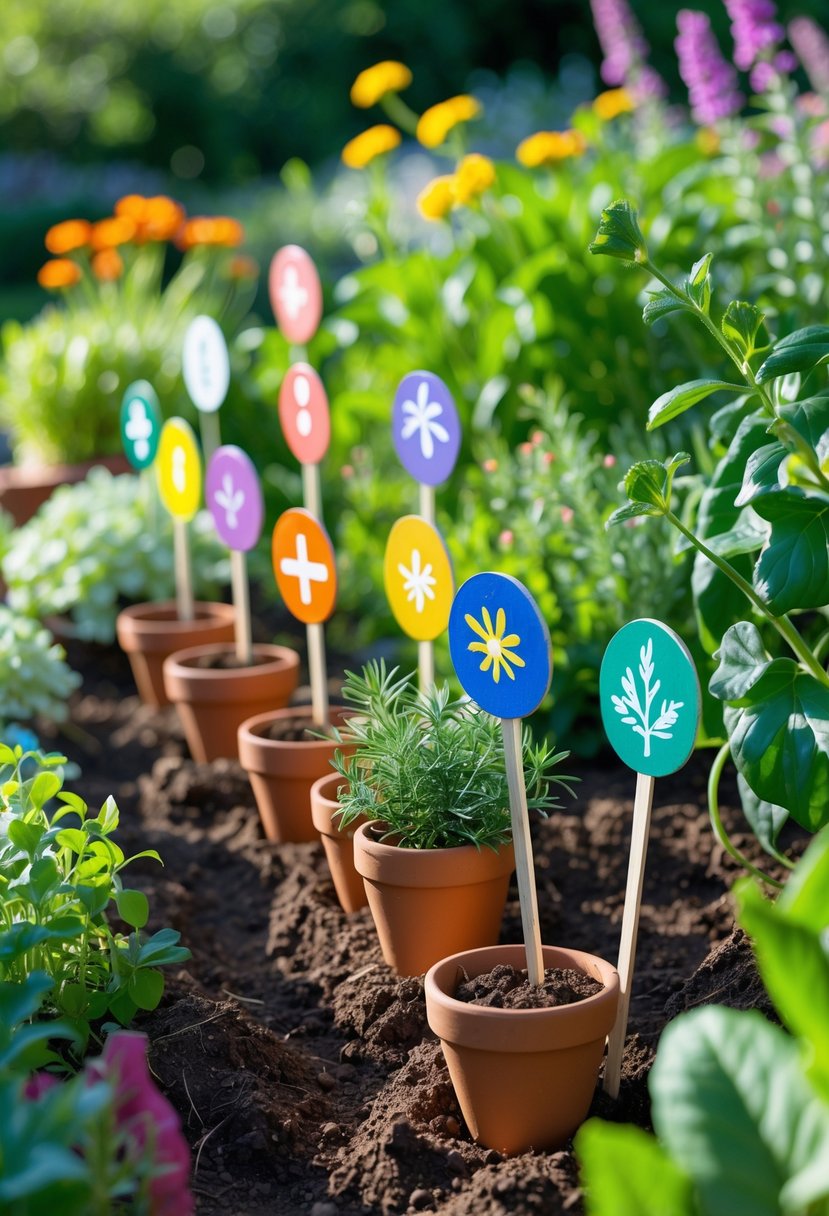 Clay pot garden markers decorated with colorful designs placed among green plants and flowers in a sunny garden.
