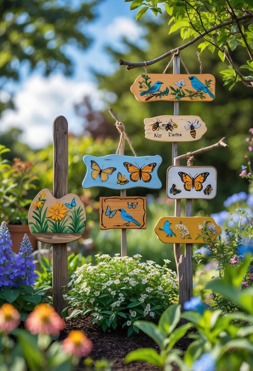 A garden with colorful hand-painted wooden signs featuring birds, butterflies, and woodland creatures among flowers and green plants.