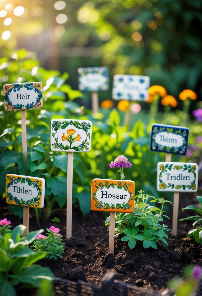 Ceramic tile plant labels displayed among green plants and flowers in a garden.