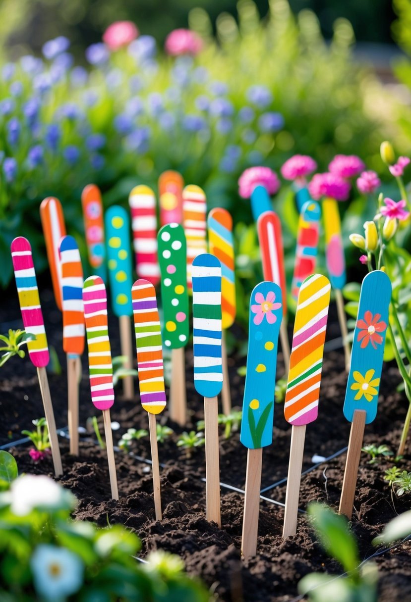 Colorful painted wooden stick markers placed in a garden among green plants and flowers.