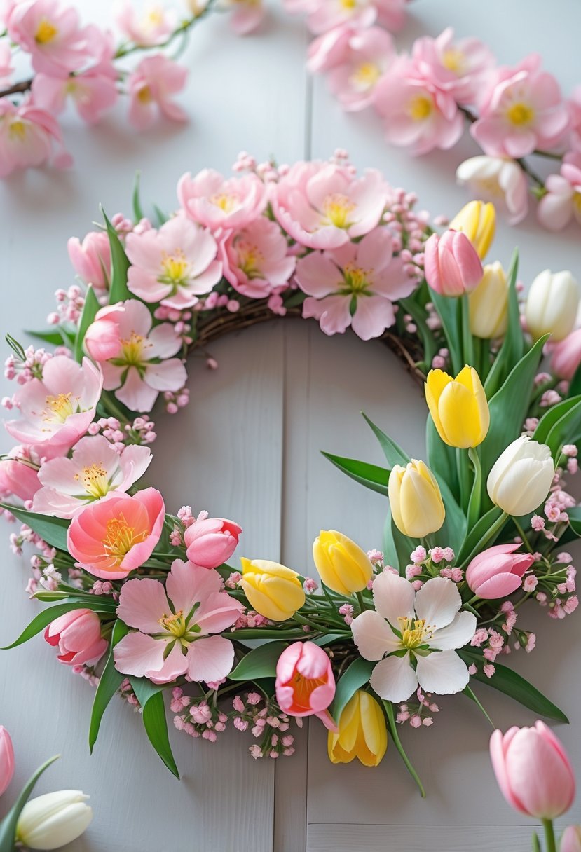 A circular spring wreath made of cherry blossoms and tulips in pink, yellow, and white colors.