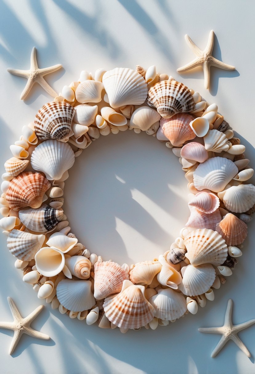 A circular wreath made of various seashells and starfish on a white background.