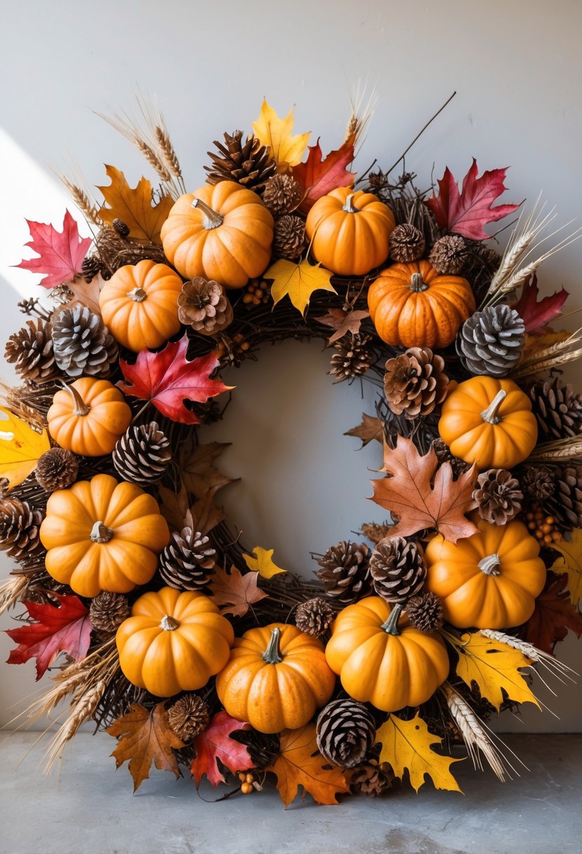 A circular autumn wreath decorated with pumpkins, pinecones, fall leaves, and dried wheat on a neutral background.
