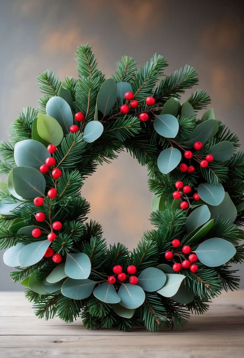 A circular winter wreath made of evergreen pine branches, red pine berries, and eucalyptus leaves.