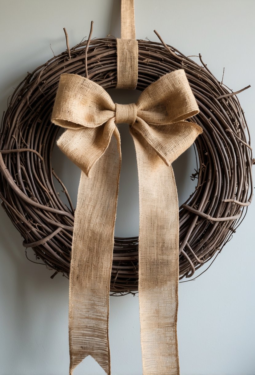 A circular grapevine wreath decorated with a burlap ribbon bow, displayed against a plain background.