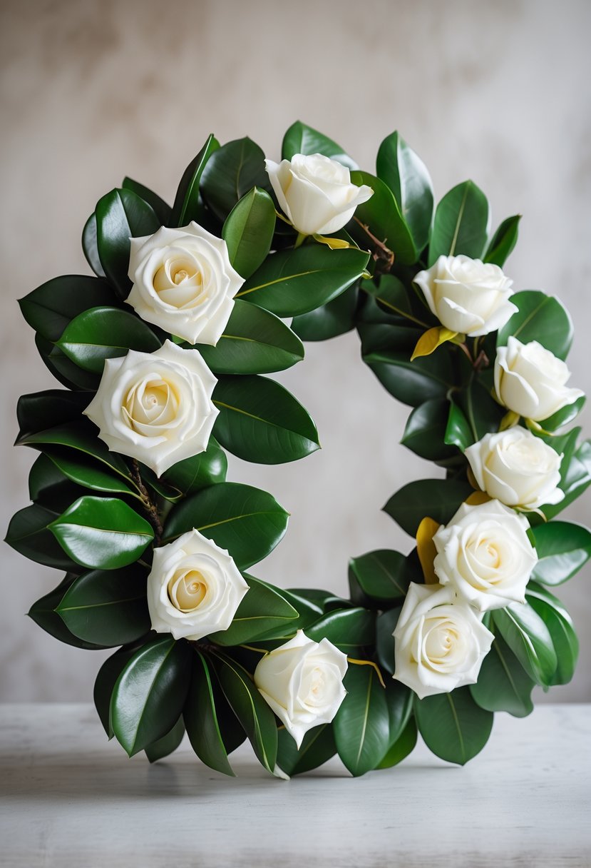 A circular wreath made of green magnolia leaves and white roses on a neutral background.